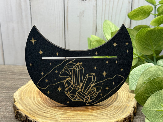 Card Stand, Card Holder, Card Board - Wooden Half Moon, Hands with Crystals (Black)