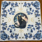 Altar Cloth - white with black mystical cat and blue flowers