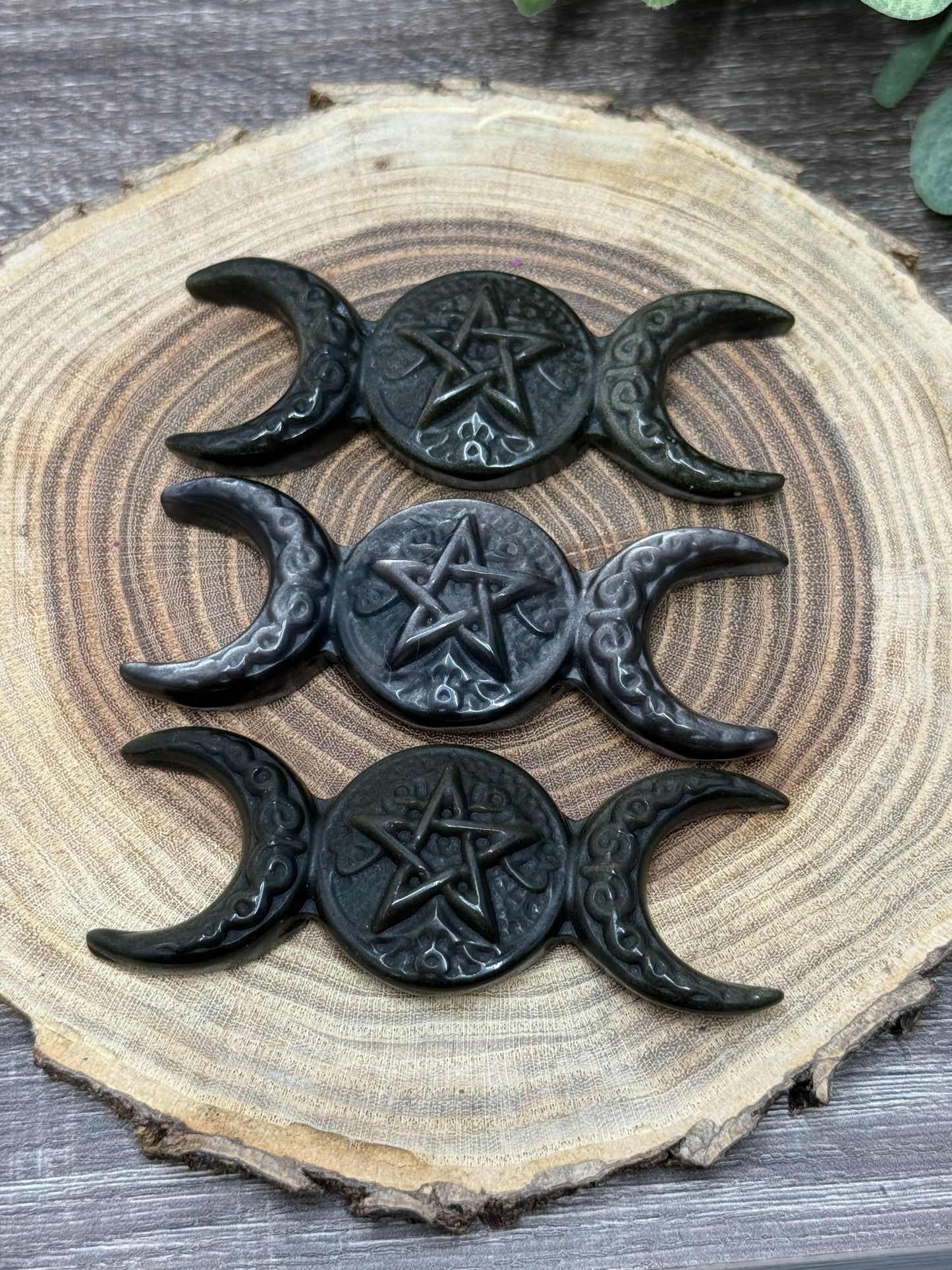 Triple Moon Obsidian Sheen Carving