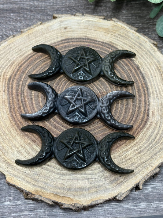 Triple Moon Obsidian Sheen Carving