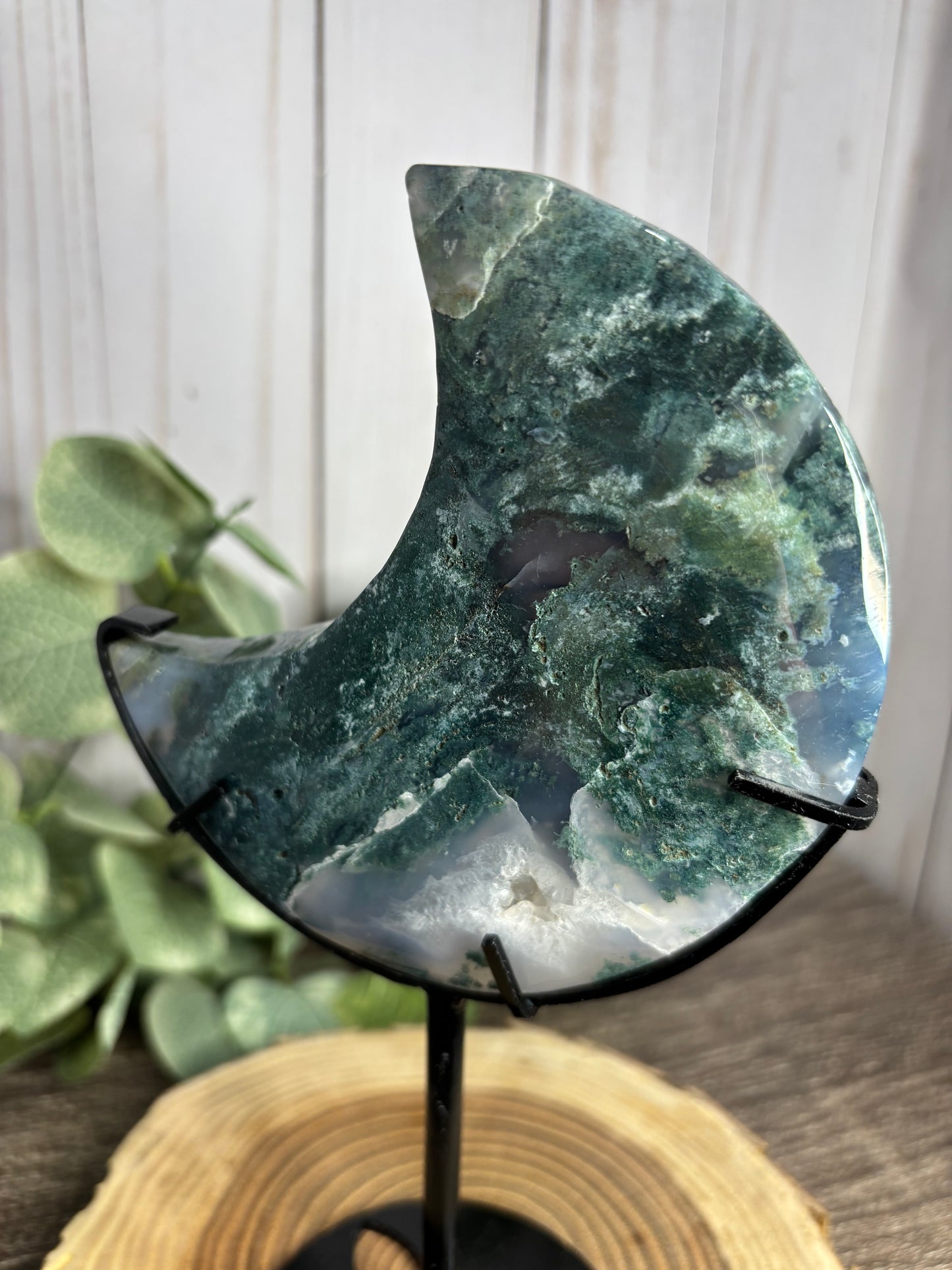 Moss Agate Moon on Stand