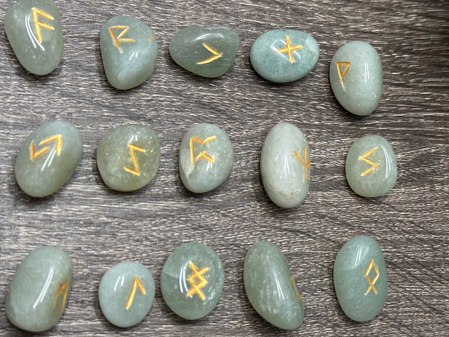 Green Aventurine Rune Stones Set Crystal with Elder Futhark Letterings - Set 1