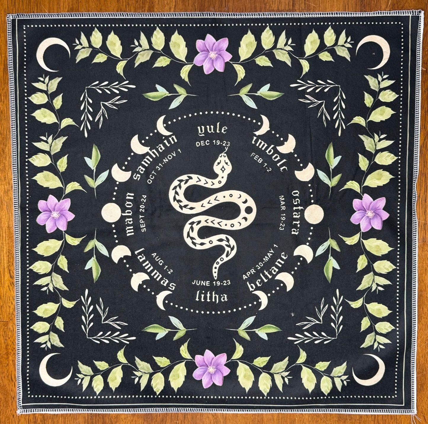 Altar Cloth - black - Snake, Seasons, Moon Phases, Floral Border with Crescent moons