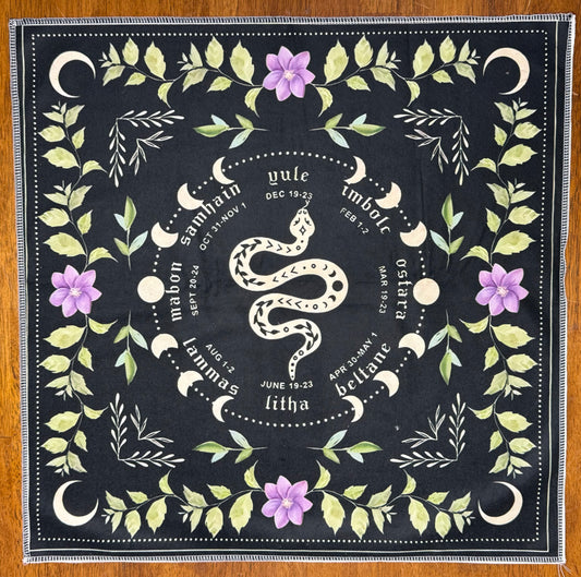 Altar Cloth - black - Snake, Seasons, Moon Phases, Floral Border with Crescent moons