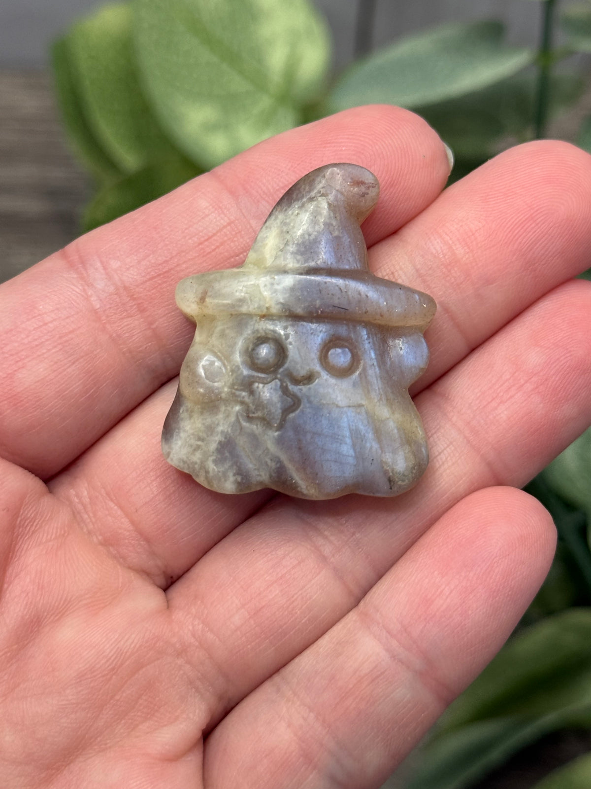 Moonstone Ghost with Witch Hat Carving