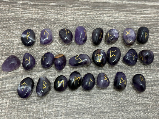 Amethyst Rune Stones Set Crystal with Elder Futhark Letterings - Set 1
