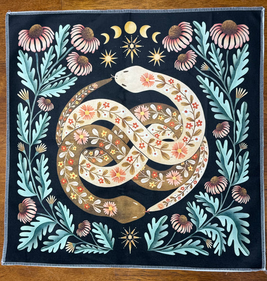 Altar Cloth - black - Floral Intertwined snakes, moon phase, flowers, Sun