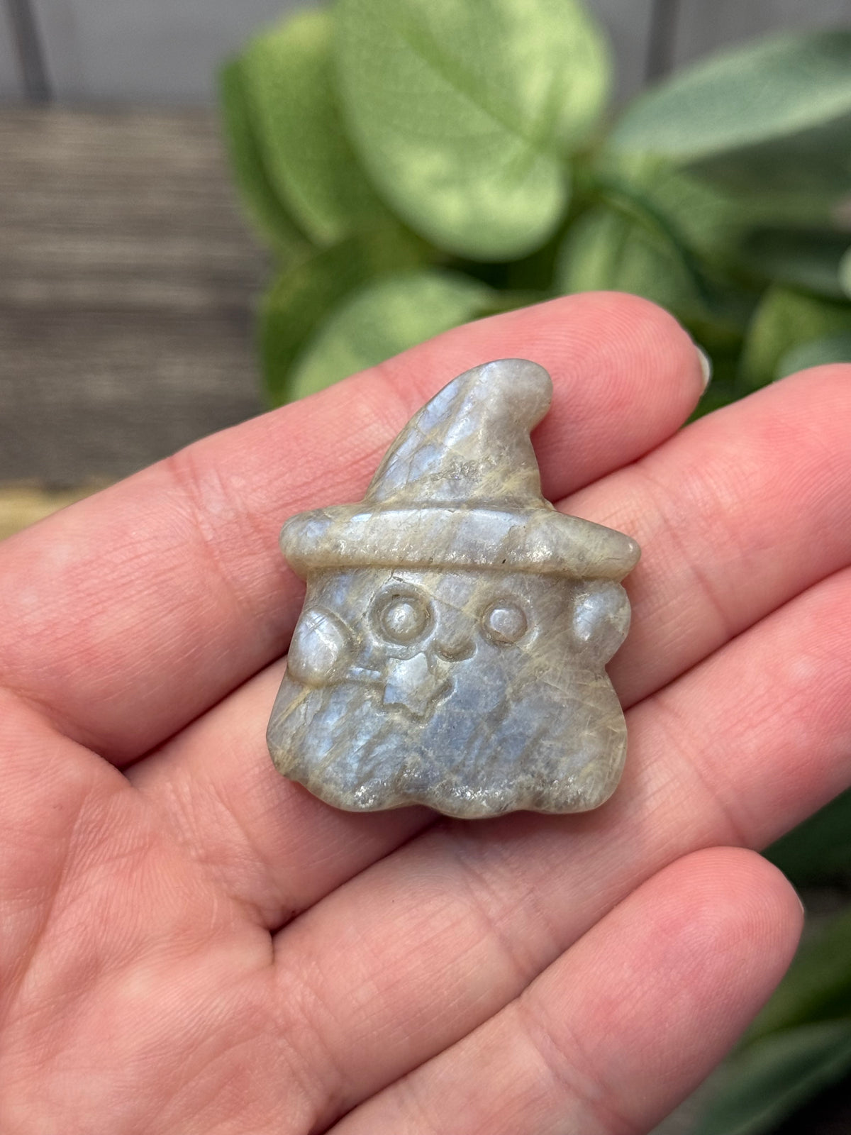 Moonstone Ghost with Witch Hat Carving