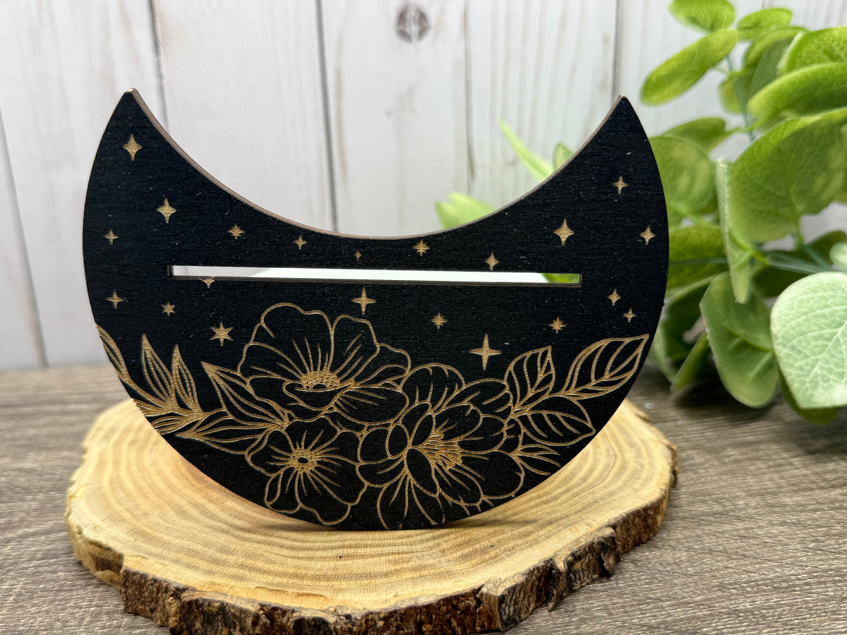Card Stand, Card Holder, Card Board - Wooden Half Moon, Flowers & Stars (black)