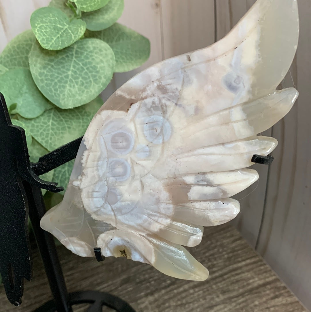 Flower Agate Angel Wings with Stand