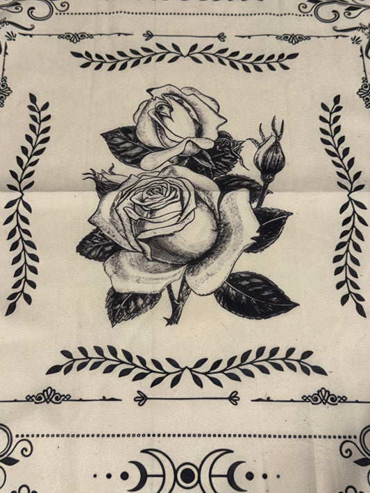 Altar Cloth Suede cream & black - floral roses and moon phases