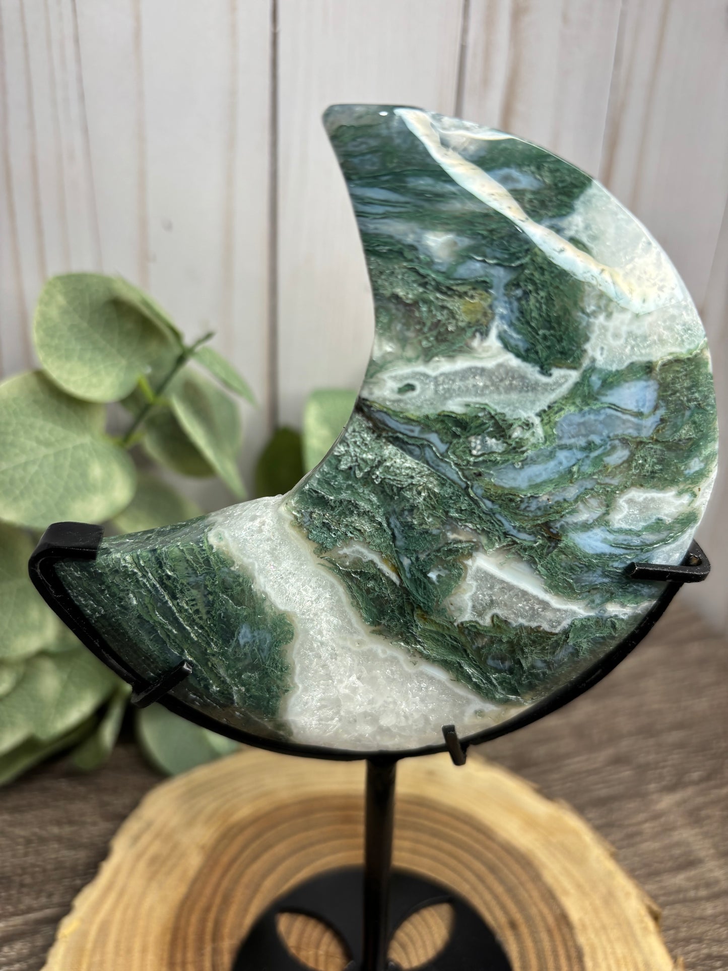 Moss Agate Moon on Stand