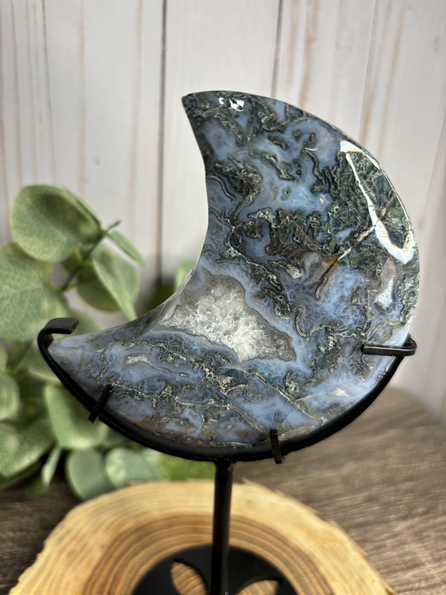 Moss Agate Moon on Stand