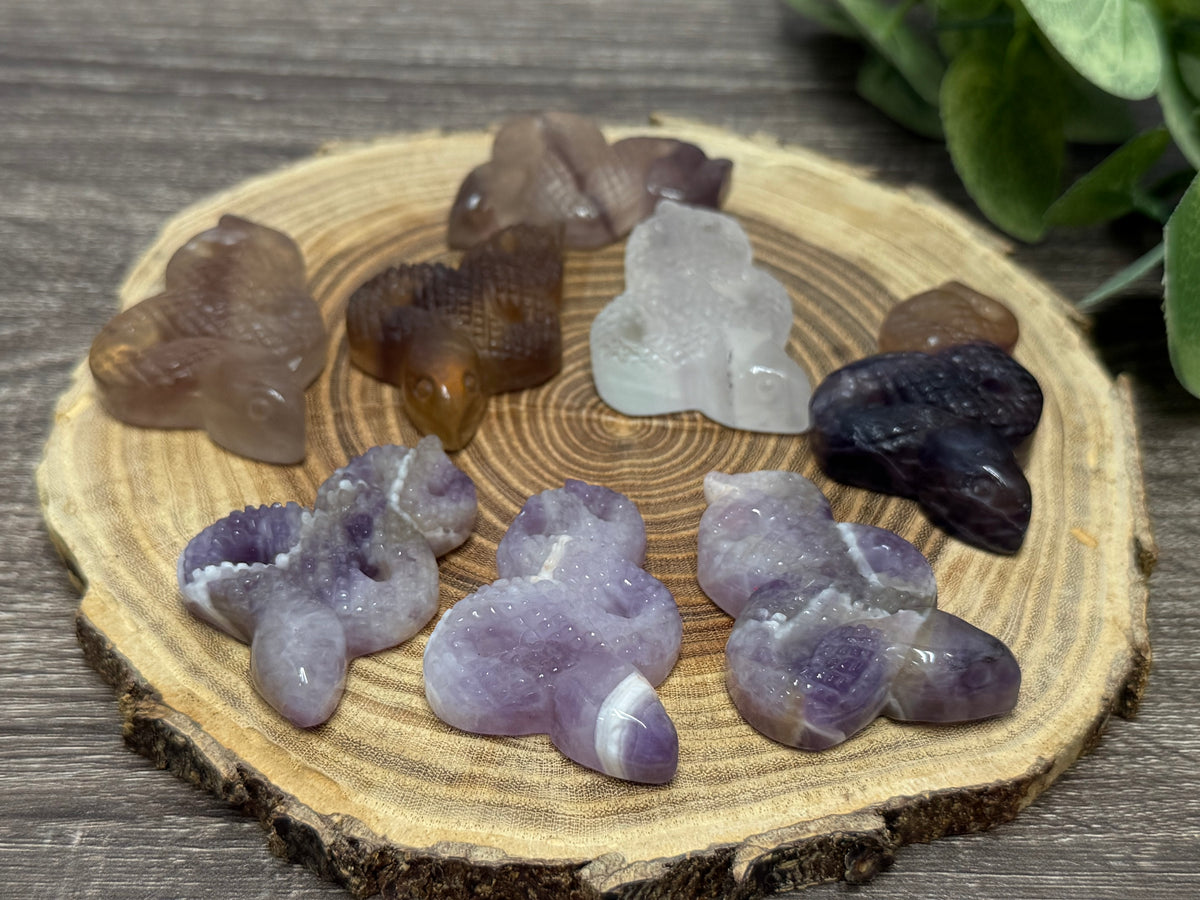 Snake Carving - Chevron Amethyst, Fluorite