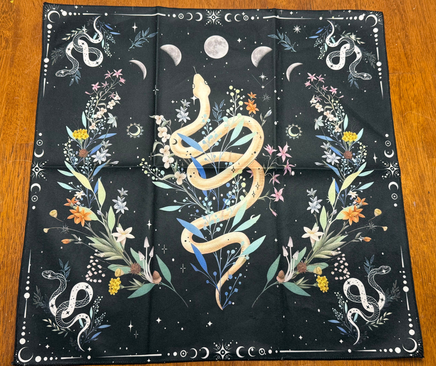 Altar Cloth - black snake, moon phase, colourful flowers and leaves