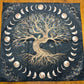 Altar Cloth -  Black, Tree with bird, butterflies, circular Moon phases