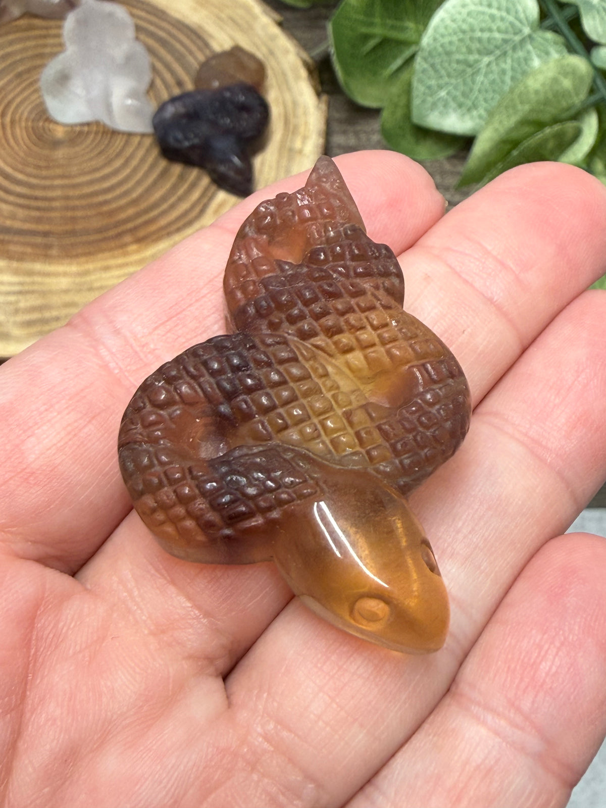 Snake Carving - Chevron Amethyst, Fluorite