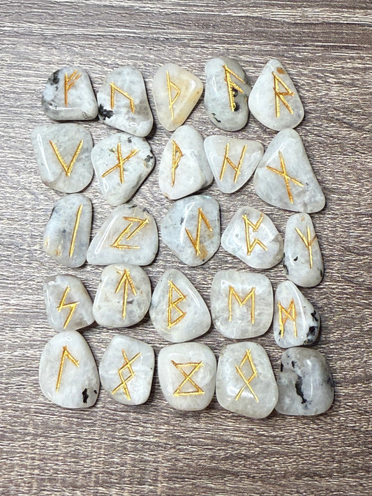 Rainbow Moonstone Rune Stones Set #2 Crystal with Elder Futhark Letterings