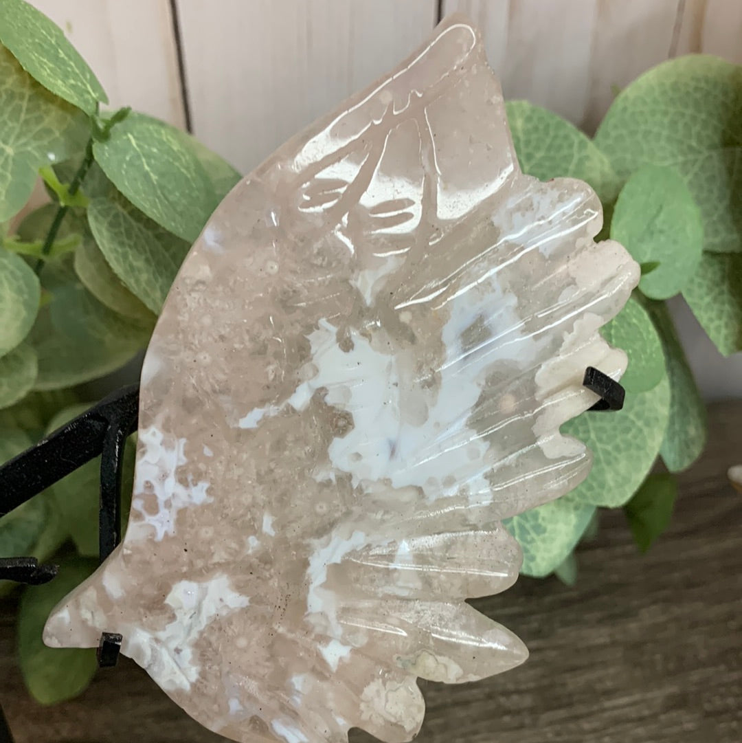 Flower Agate Angel Wings with Stand