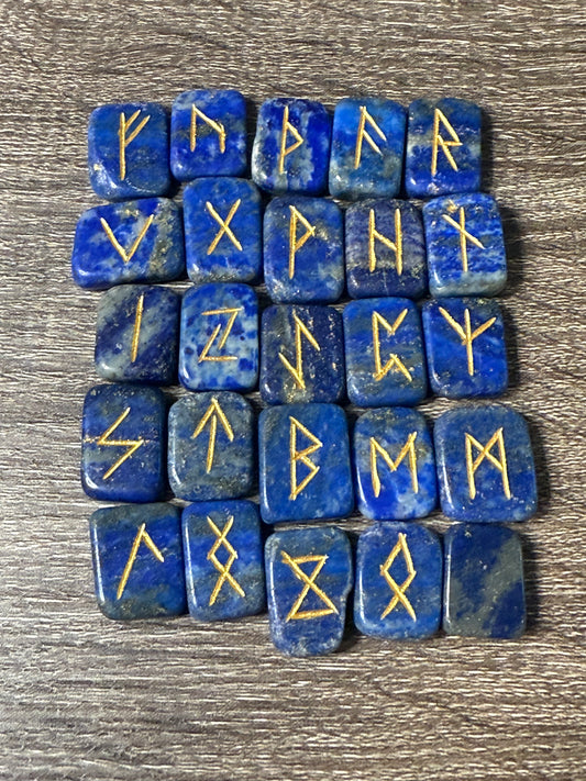 Lapis Lazuli Gemstone Rune Engraved Elder Futhark Lettering - Set 2