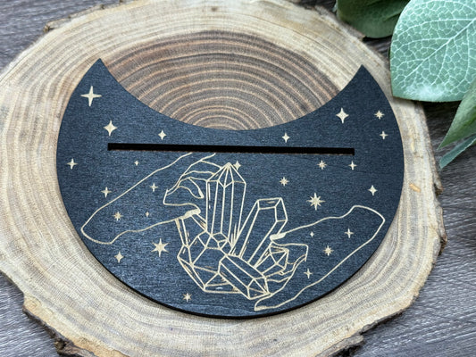Card Stand, Card Holder, Card Board - Wooden Half Moon, Hands with Crystals (Black)