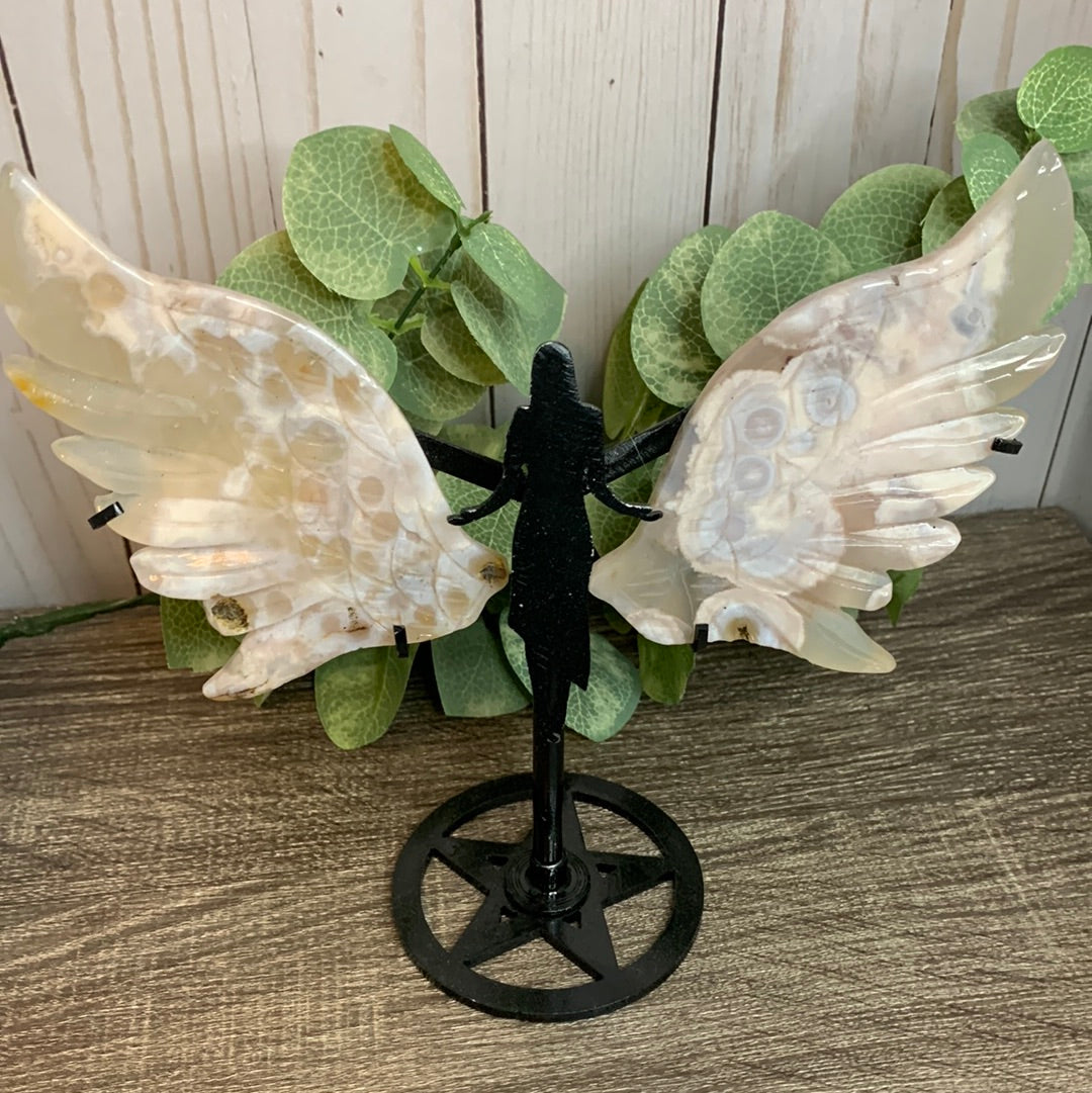 Flower Agate Angel Wings with Stand