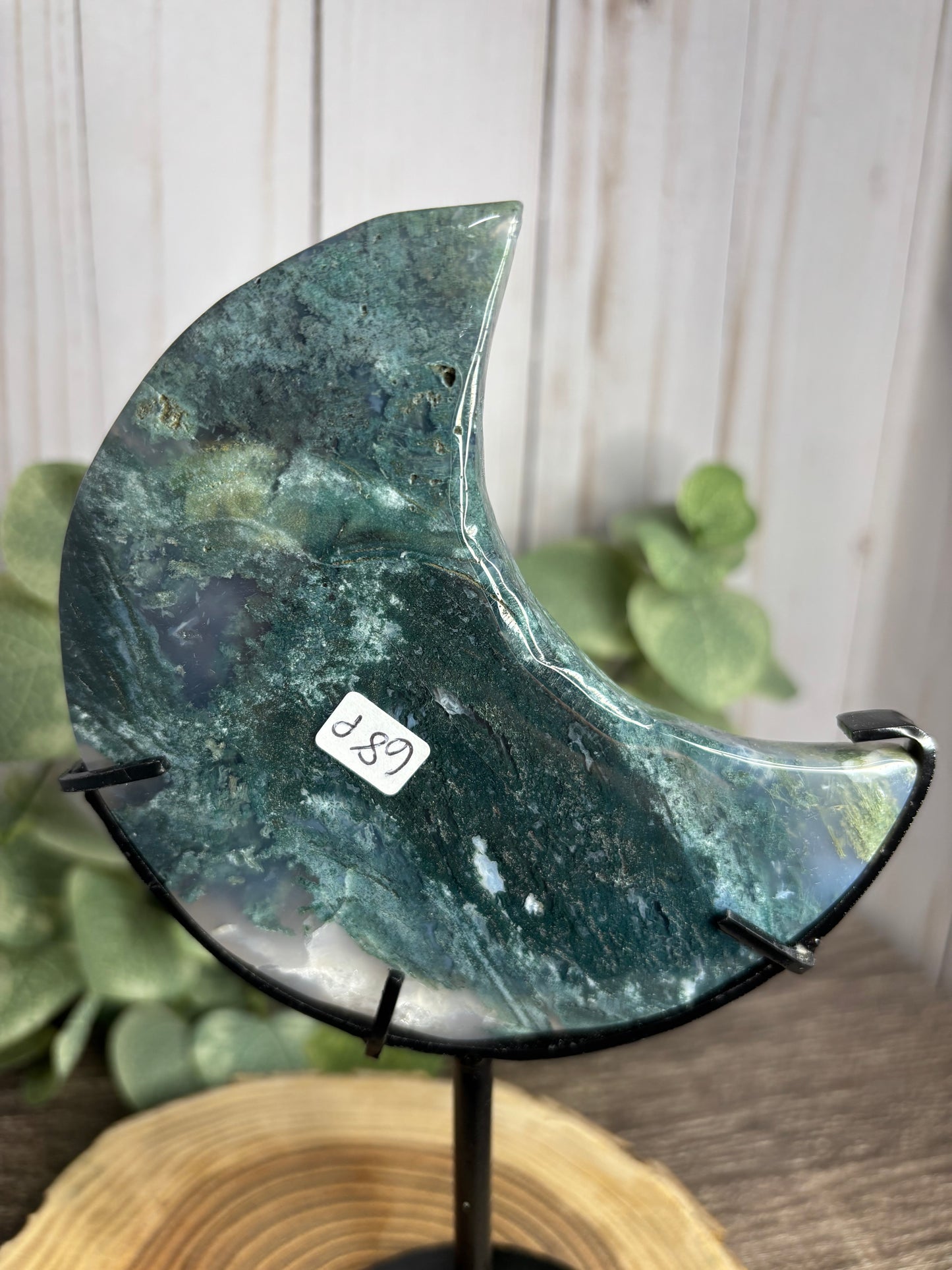 Moss Agate Moon on Stand