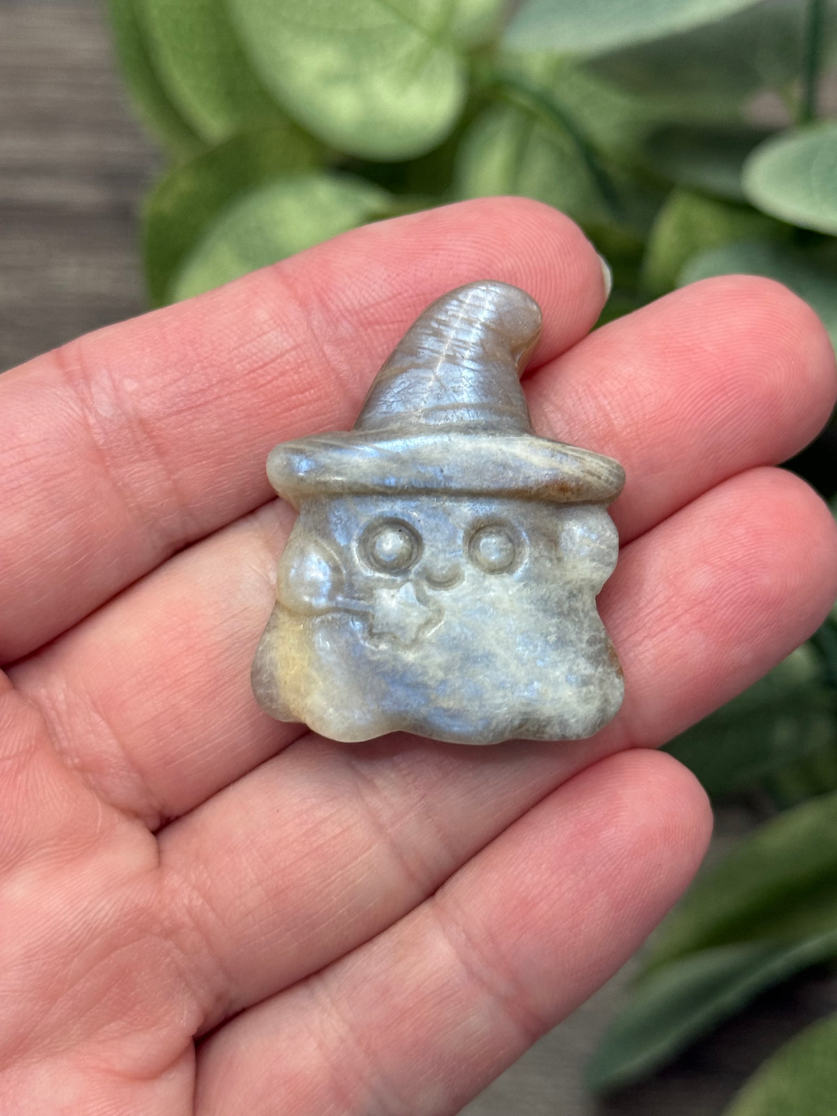 Moonstone Ghost with Witch Hat Carving