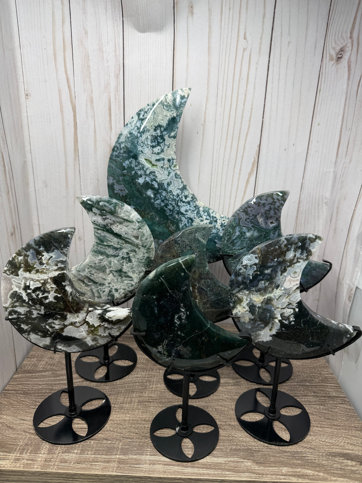 Moss Agate Moons on Stands (larger)