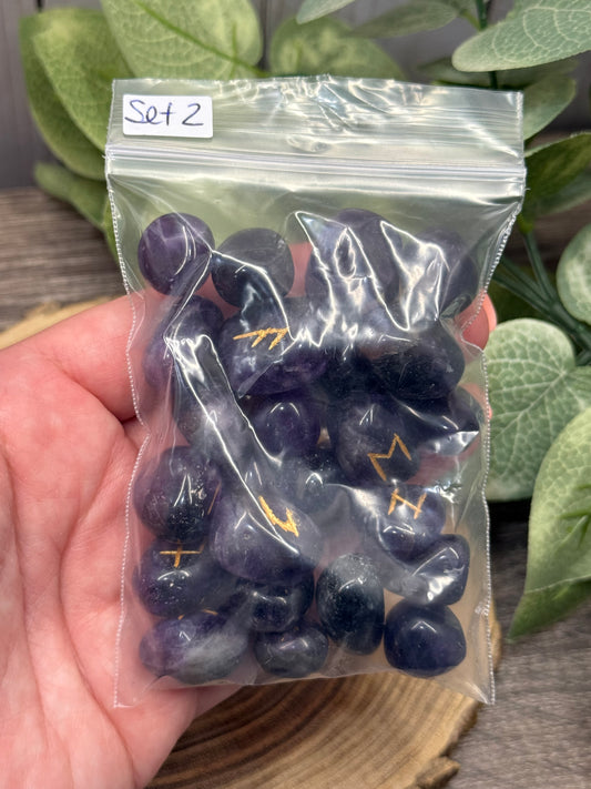Amethyst Rune Stones Set Crystal with Elder Futhark Letterings - Set 2
