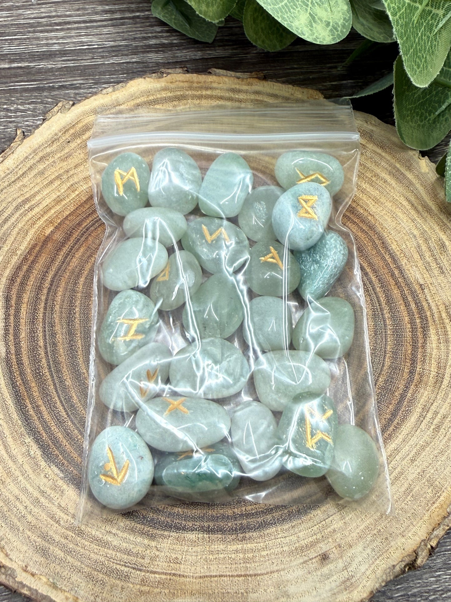 Green Aventurine Rune Stones Set Crystal with Elder Futhark Letterings - Set 2