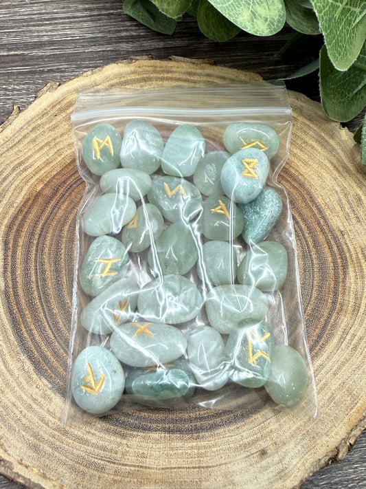 Green Aventurine Rune Stones Set Crystal with Elder Futhark Letterings - Set 2