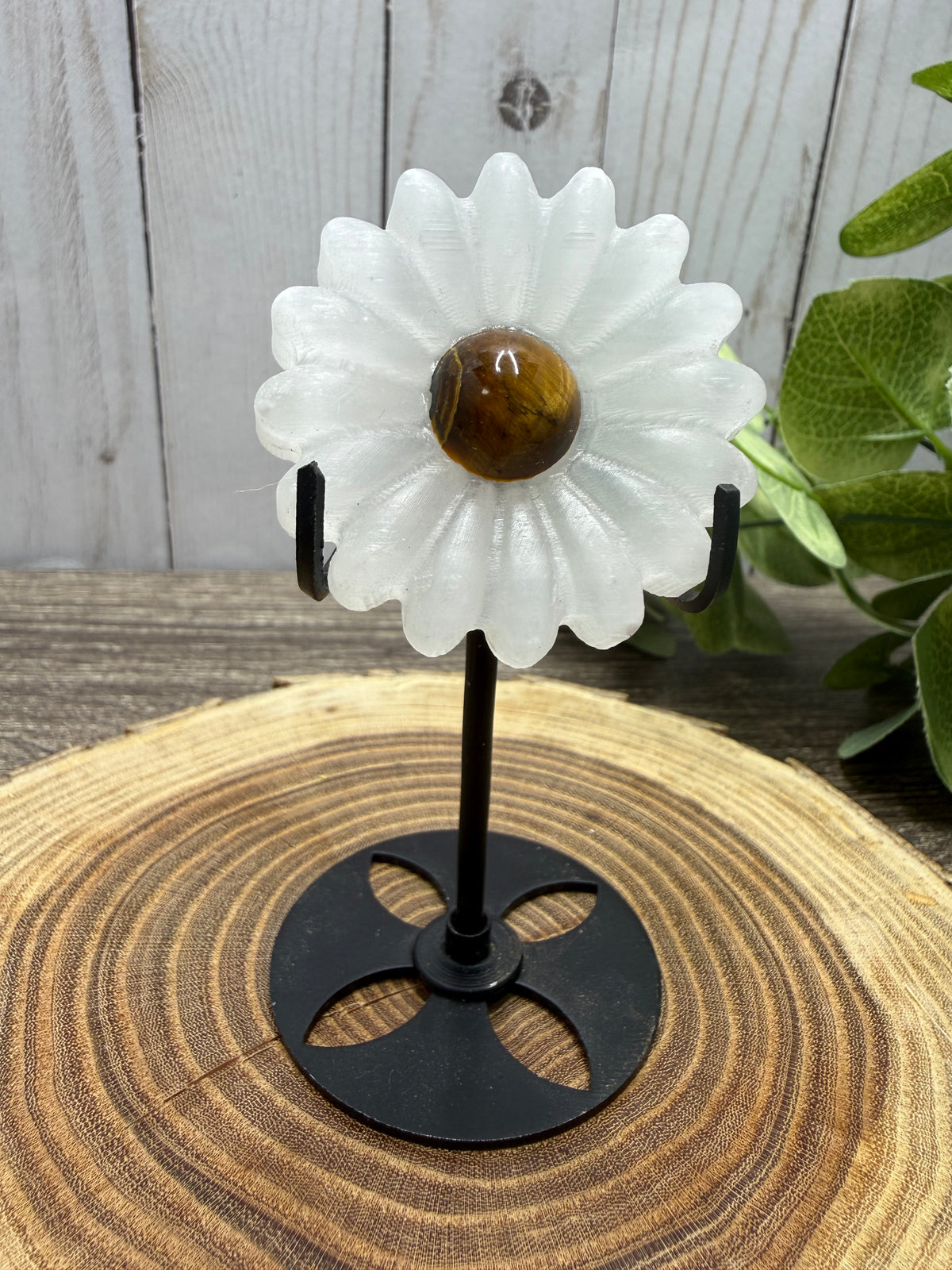 Daisy on Stand - Selenite and orange calcite or tigers eye middles