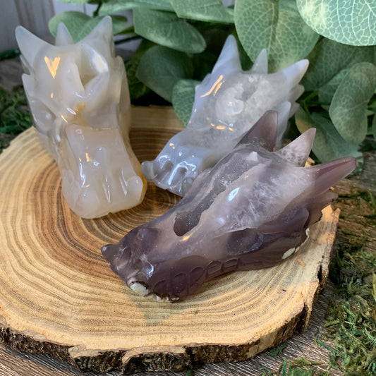 Dragon Head Carvings with Druzy