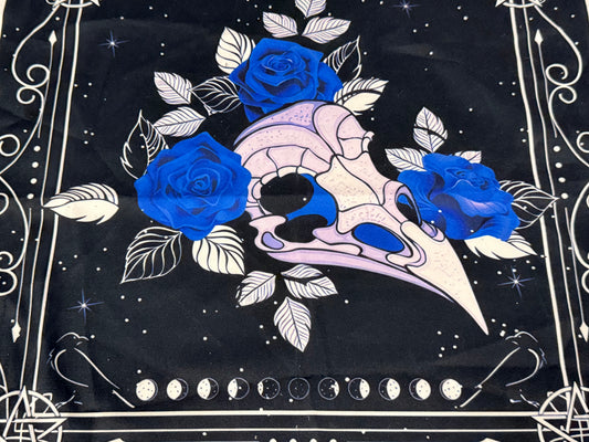Altar Cloth - bird skull, blue roses, moon phases