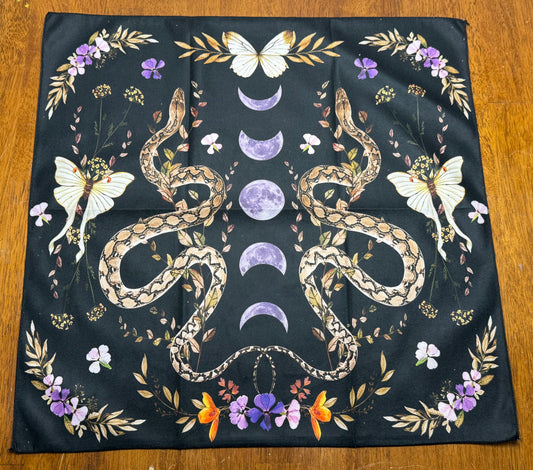 Altar Cloth - black snake, moth, purple moon phase, purple orange flowers