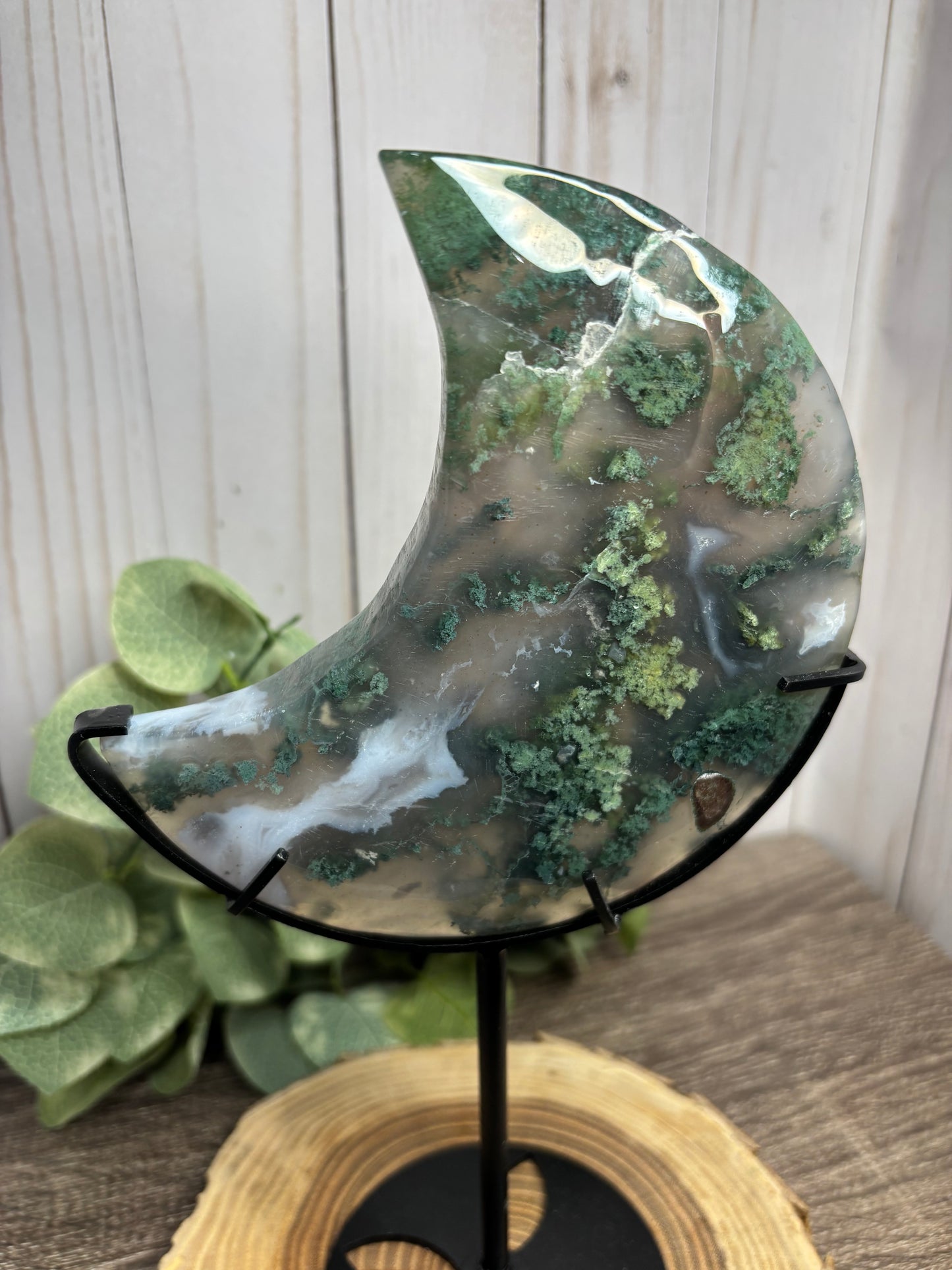 Moss Agate Moon on Stand