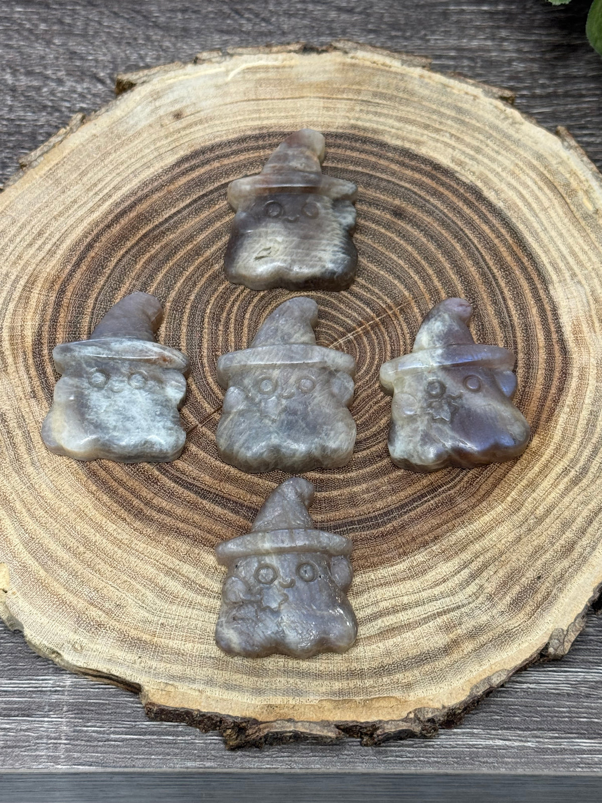 Moonstone Ghost with Witch Hat Carving