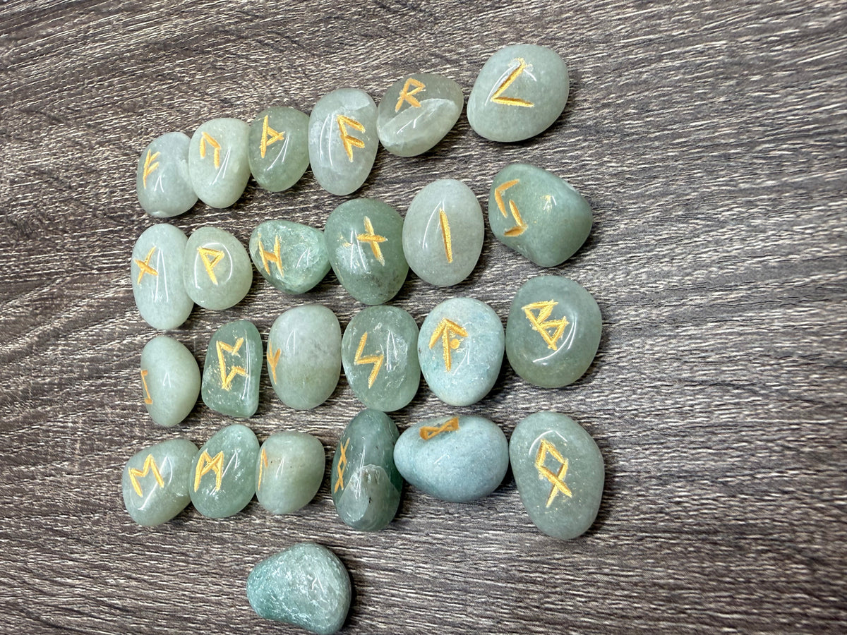 Green Aventurine Rune Stones Set Crystal with Elder Futhark Letterings - Set 2