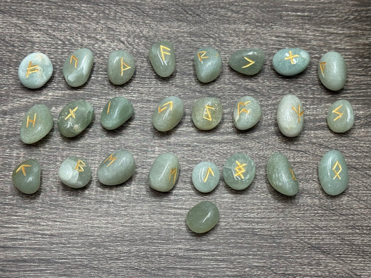 Green Aventurine Rune Stones Set Crystal with Elder Futhark Letterings - Set 1