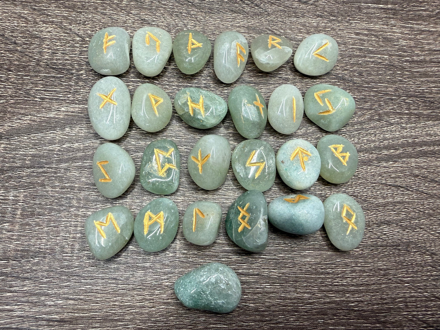 Green Aventurine Rune Stones Set Crystal with Elder Futhark Letterings - Set 2