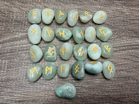 Green Aventurine Rune Stones Set Crystal with Elder Futhark Letterings - Set 2