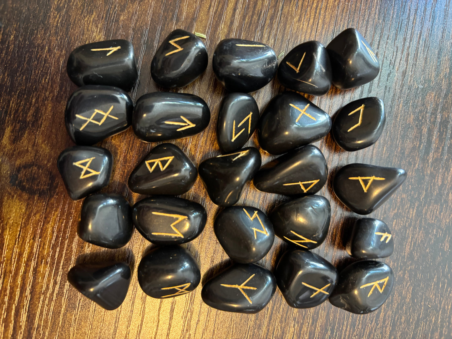 Black Obsidian Rune Stones Set Crystal with Elder Futhark Letterings