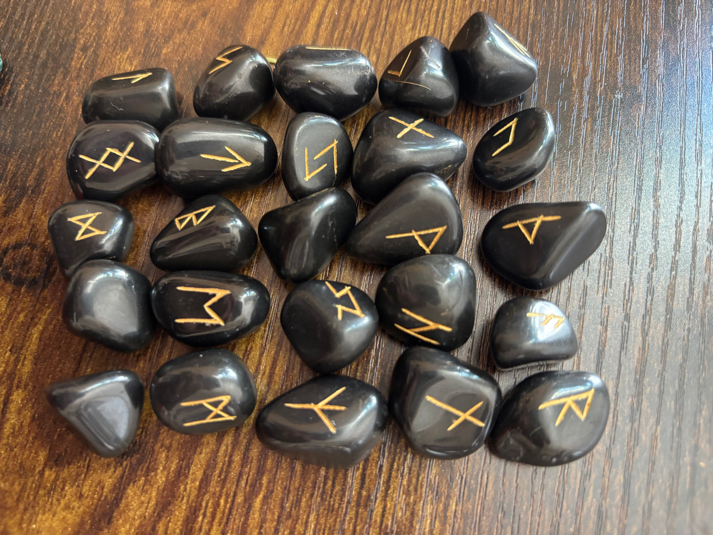 Black Obsidian Rune Stones Set Crystal with Elder Futhark Letterings