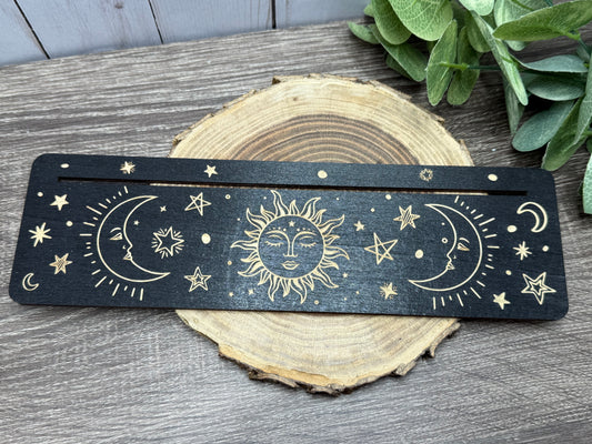 Card Stand, Card Holder, Card Board - Wooden Rectangle Sun & Crescent Moons with Faces (black)