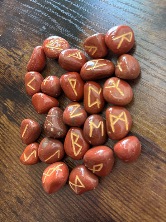 Red Jasper Rune Stones Set Crystal with Elder Futhark Letterings