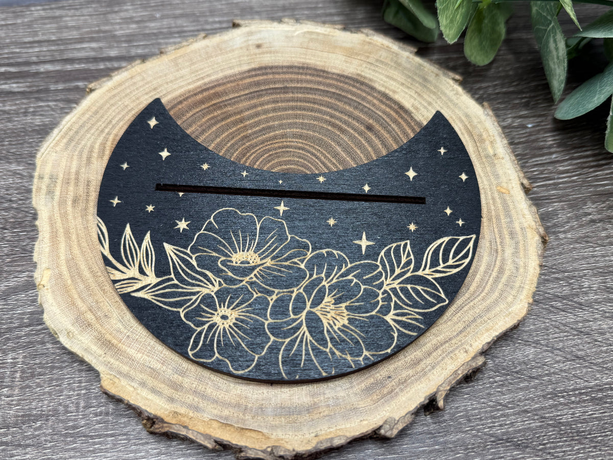 Card Stand, Card Holder, Card Board - Wooden Half Moon, Flowers & Stars (black)