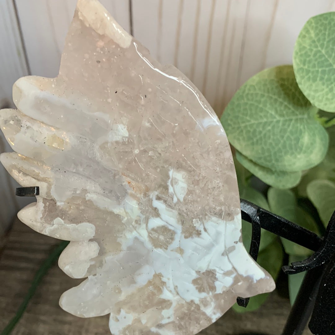 Flower Agate Angel Wings with Stand