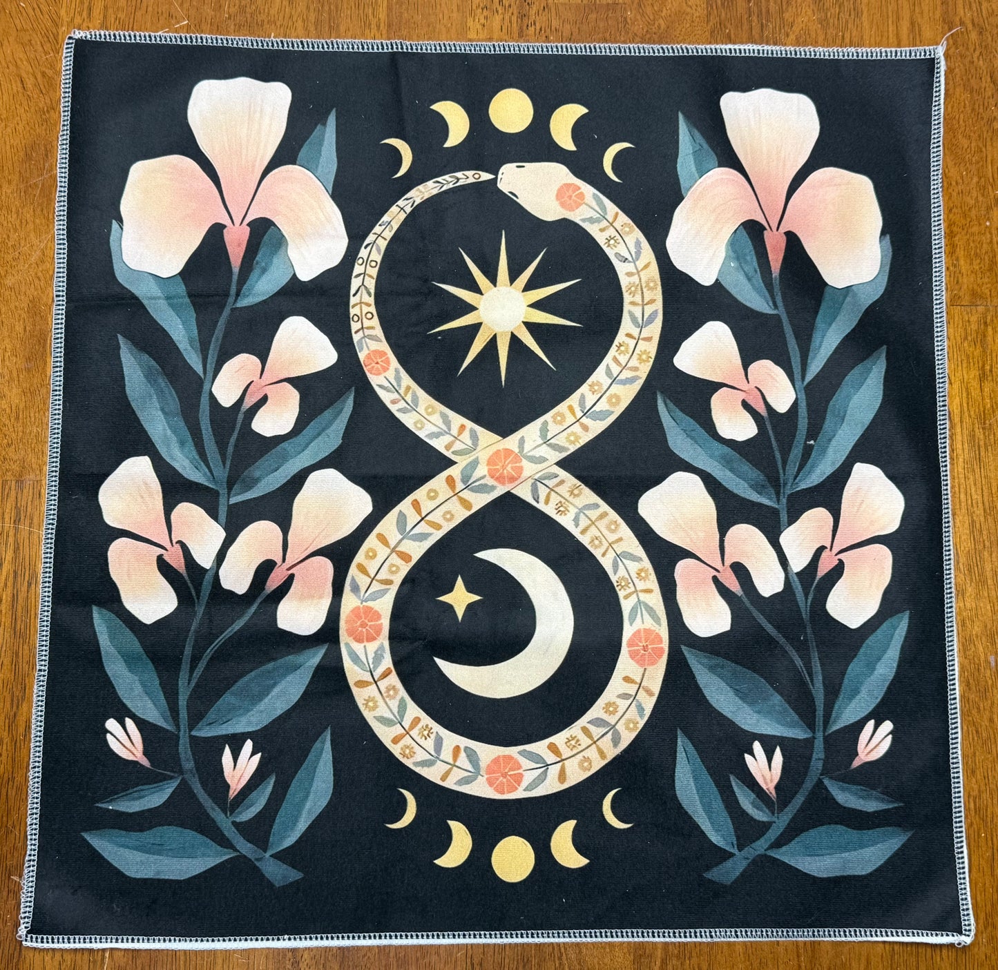 Altar Cloth - black - Floral Figure 8 Snake, Sun, Moon, Large Peach Flowers