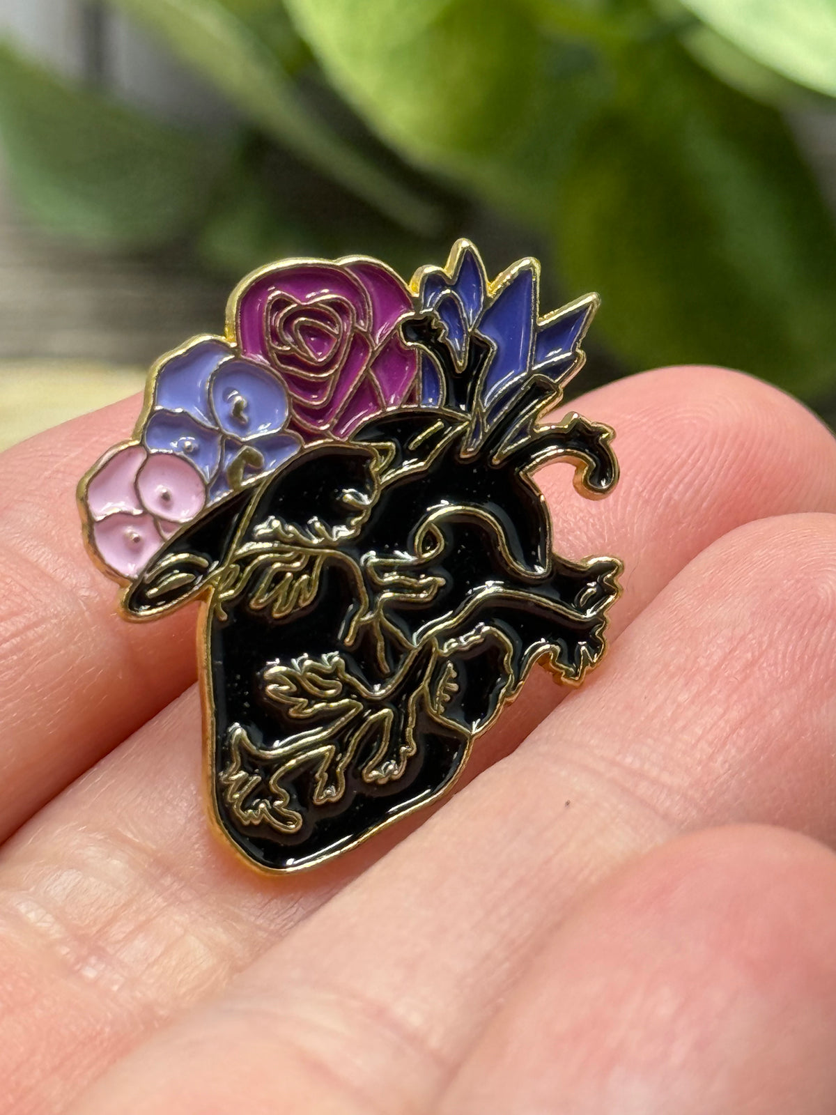 Anatomical Heart and Flowers Pin - Black or White